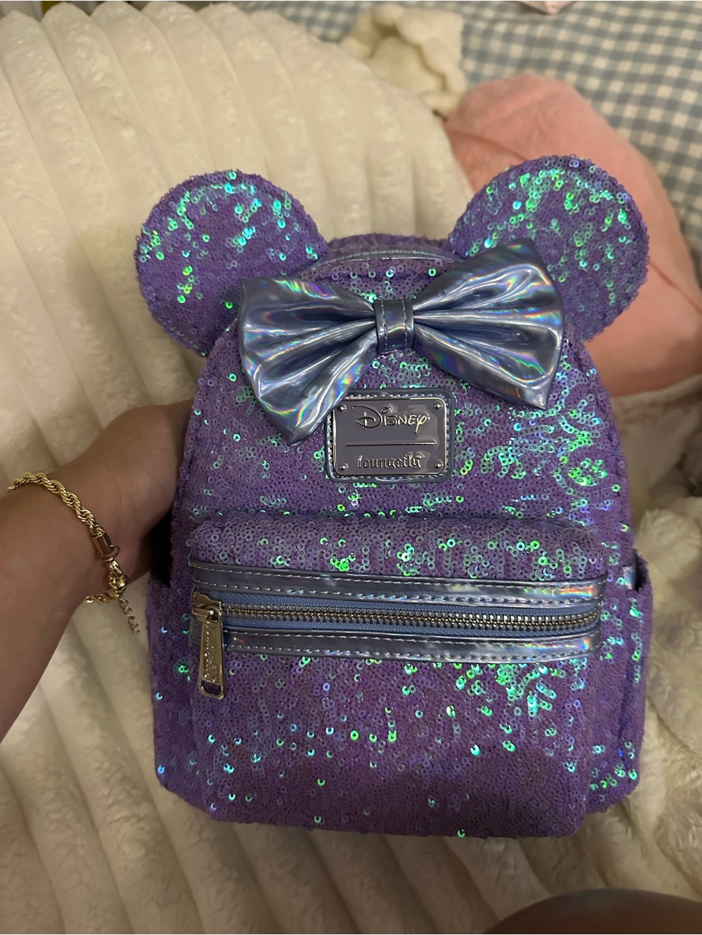 Loungefly Purple Sequin Mini Backpack with Iridescent Bow